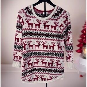 Wearing Your Heart on Your Sleeve Reindeer Fair Isle Sweater Women Med Red Ivory